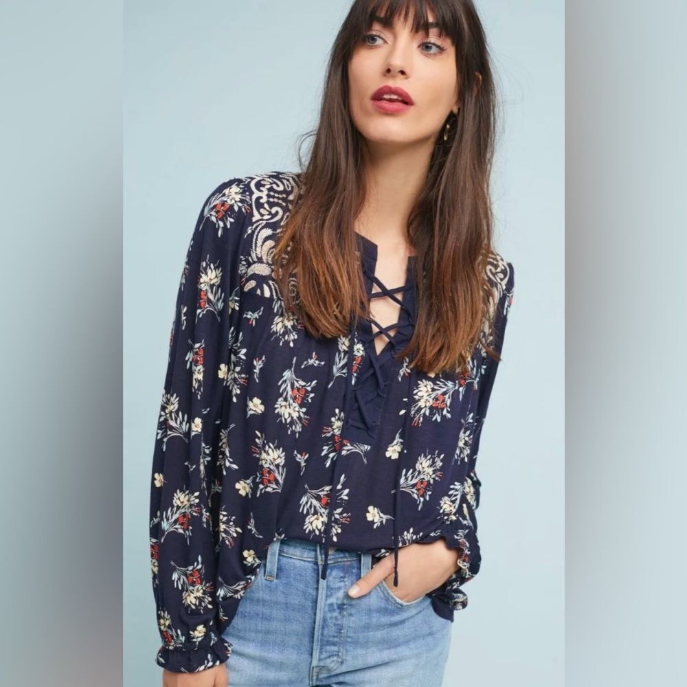 Anthropologie One September Sydney navy floral tie front top